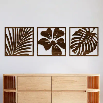 Modern Minimalist Hollow Wood Wall Art with Leaf and Floral Design for Bedroom and Living Room Decor - 1