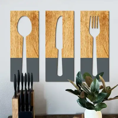 Wooden Kitchen Wall Art Cutlery Set – Spoon, Knife & Fork Wall Hanging Decoration - 3