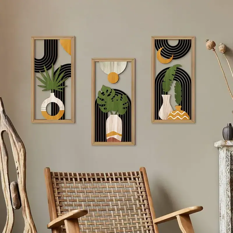 Rustic Wooden Boho Wall Art Set of 3 Geometric Cutout Decorations for Living Room - Image 1