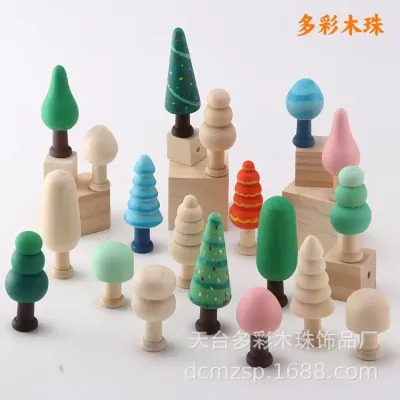 Wooden DIY Christmas Tree Craft Set for Kids – Unfinished Natural Wooden Forest Trees and Mushroom Figurines - 1
