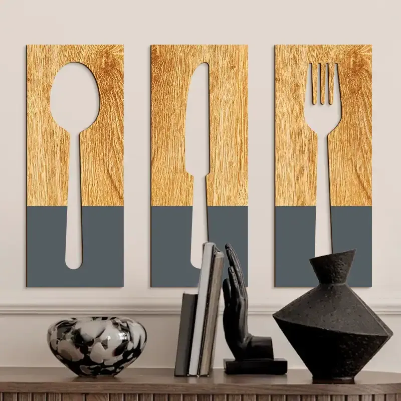 Wooden Kitchen Wall Art Cutlery Set – Spoon, Knife & Fork Wall Hanging Decoration - Image 1