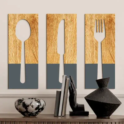 Wooden Kitchen Wall Art Cutlery Set – Spoon, Knife & Fork Wall Hanging Decoration - 1