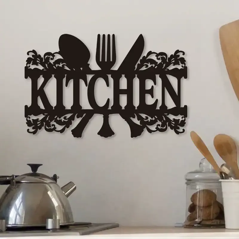 Modern Wooden Kitchen Wall Sign – Minimalist Hollow Cutlery Hanging Decoration - Image 1