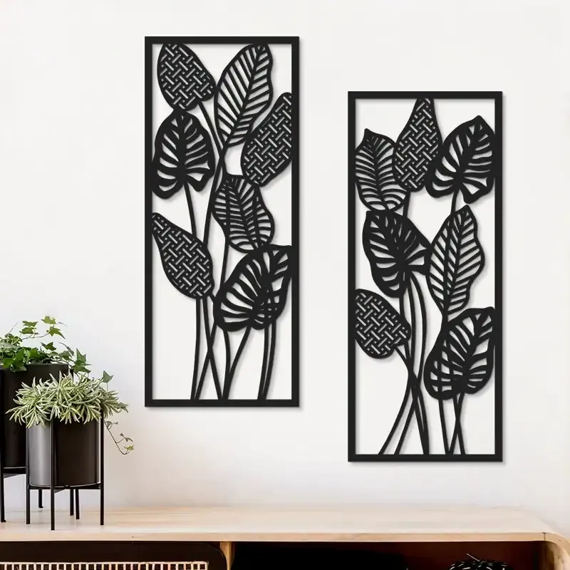 Wooden Leaf Hollow Wall Art Black Minimalist Wall Hanging for Living Room and Bedroom - Image 1