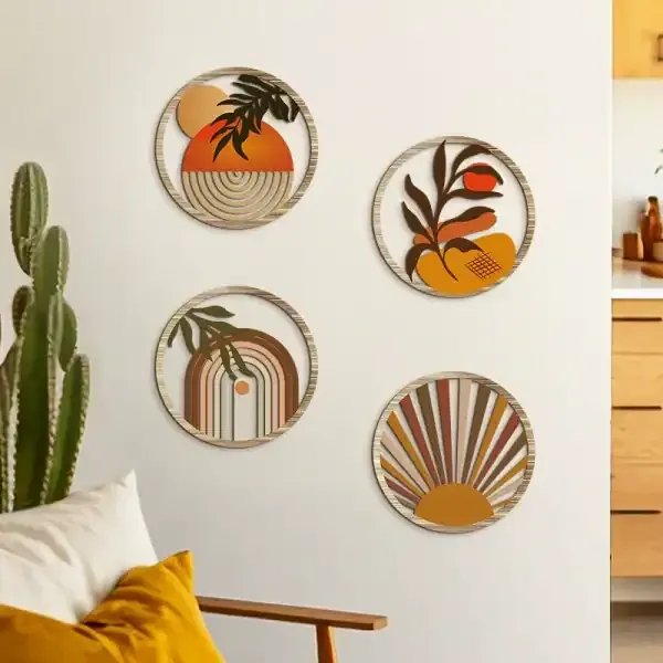 4-Piece Bohemian Farmhouse Wooden Wall Art Set with Hollow Floral Round Pattern - Image 3
