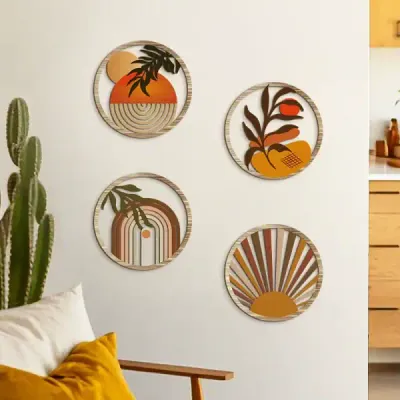 4-Piece Bohemian Farmhouse Wooden Wall Art Set with Hollow Floral Round Pattern - 3