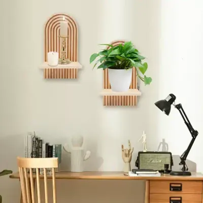 Bohemian Wooden Wall Shelf for Living Room Decor – Handmade Wall-Mounted Storage Rack - 2