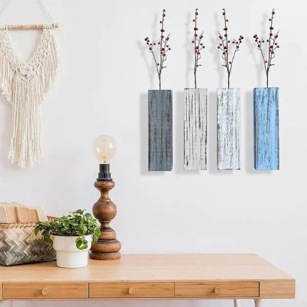 Colorful Distressed Wooden Wall Vase for Dry Flowers & Greenery – Rustic Wall Mounted Home Decor - Image 4