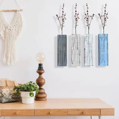 Colorful Distressed Wooden Wall Vase for Dry Flowers & Greenery – Rustic Wall Mounted Home Decor - 4