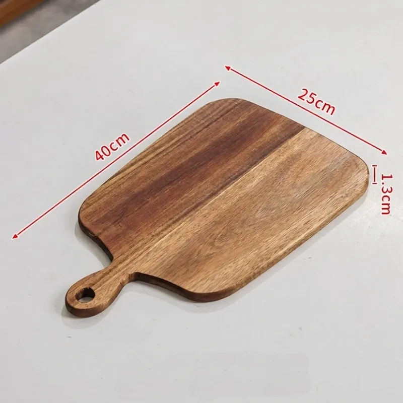 Large wooden steak board measuring forty by twenty-five centimeters with handle