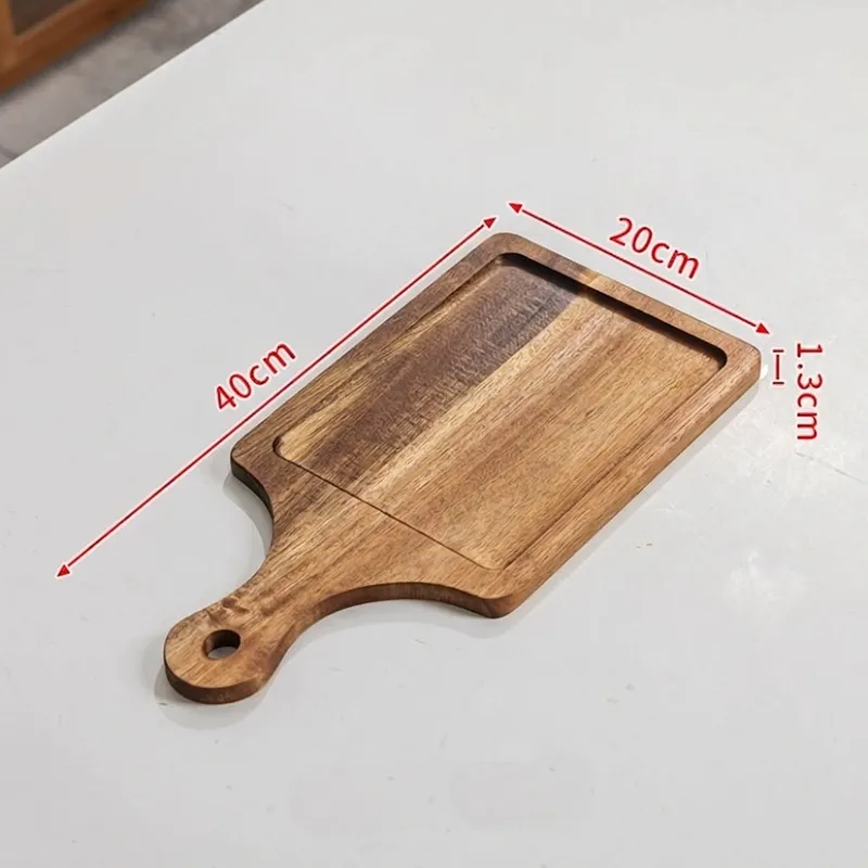 Narrow rectangular grooved wood tray measuring forty by twenty centimeters