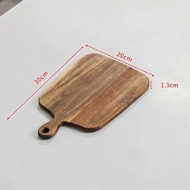 Medium wooden serving board measuring thirty by twenty centimeters with handle