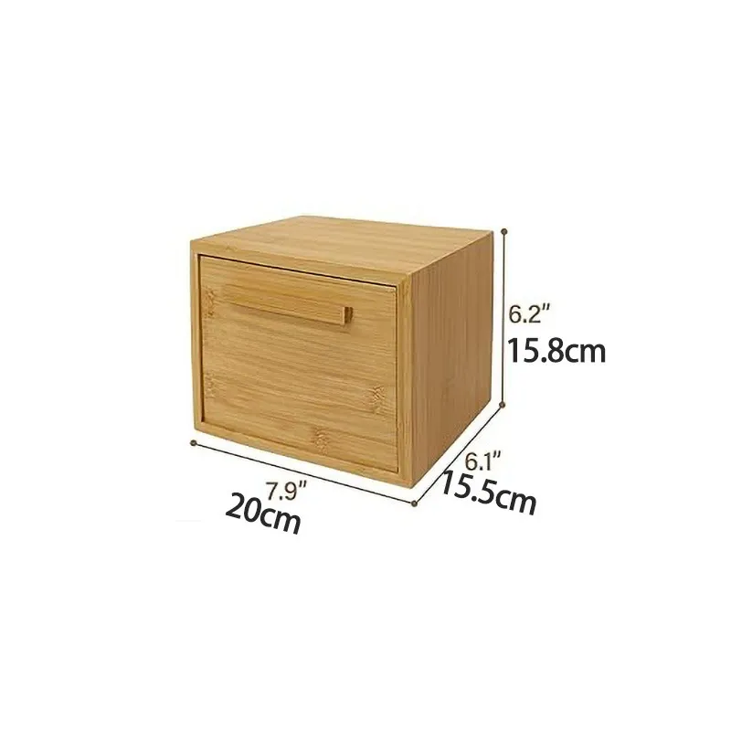 Closed bamboo single drawer storage box with measurements on white background