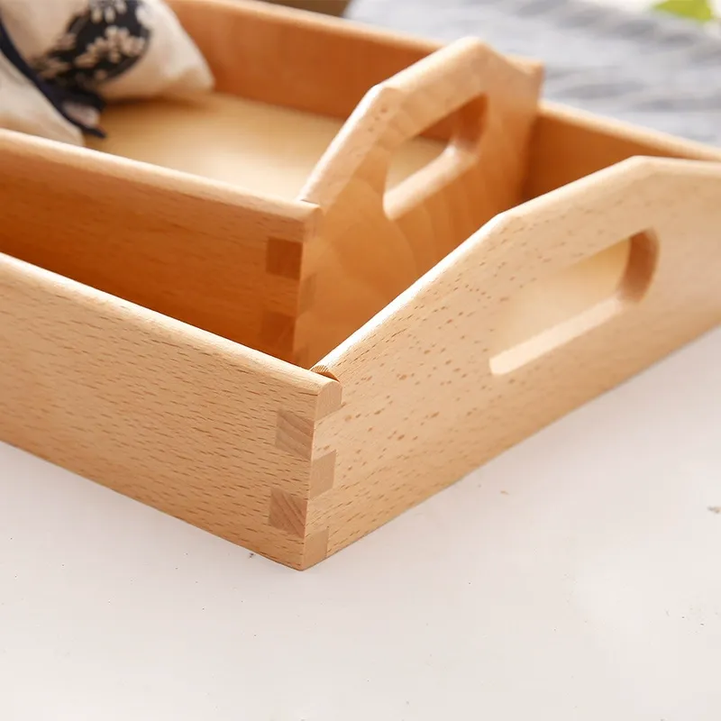 Detailed view of finger joint corners on a beech wood tray
