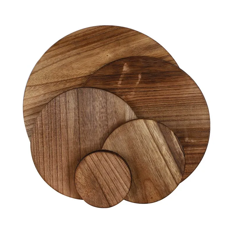 Overlapping round dark brown wooden boards with natural grain patterns