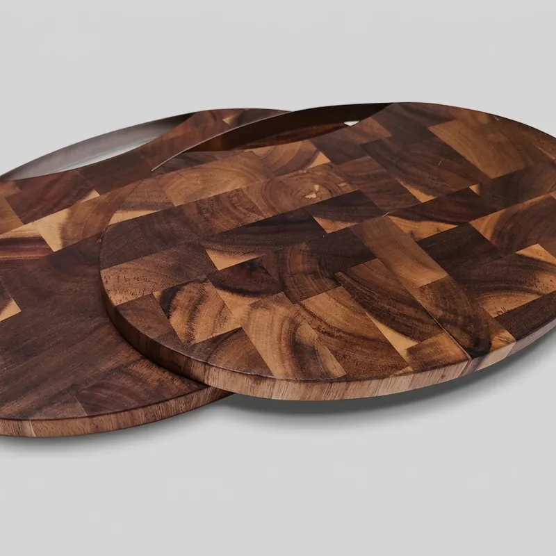 Close up of overlapping end grain checkered wooden chopping boards