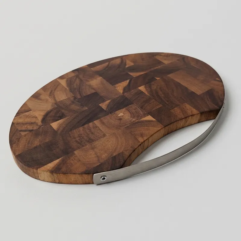 Single kidney shaped checkered wooden chopping board showing flat steel handle