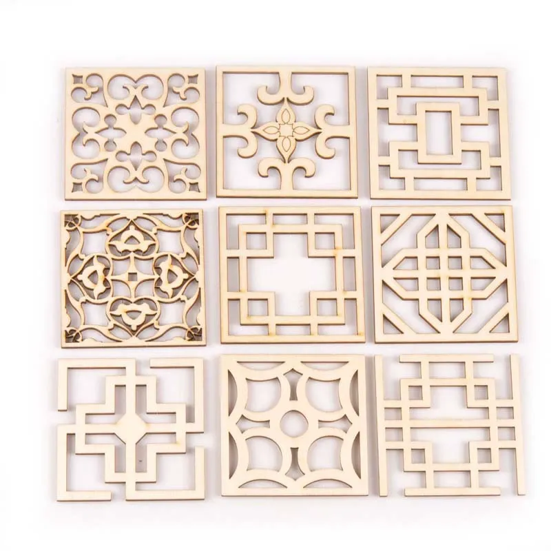 Nine square wooden cutouts with distinct geometric hollow designs