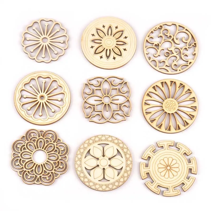 Nine round wooden cutouts with intricate laser-cut floral patterns