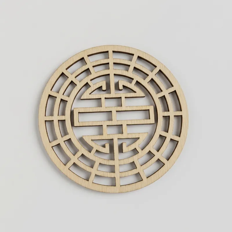 An unfinished round wooden coaster with concentric geometric circular cutouts.