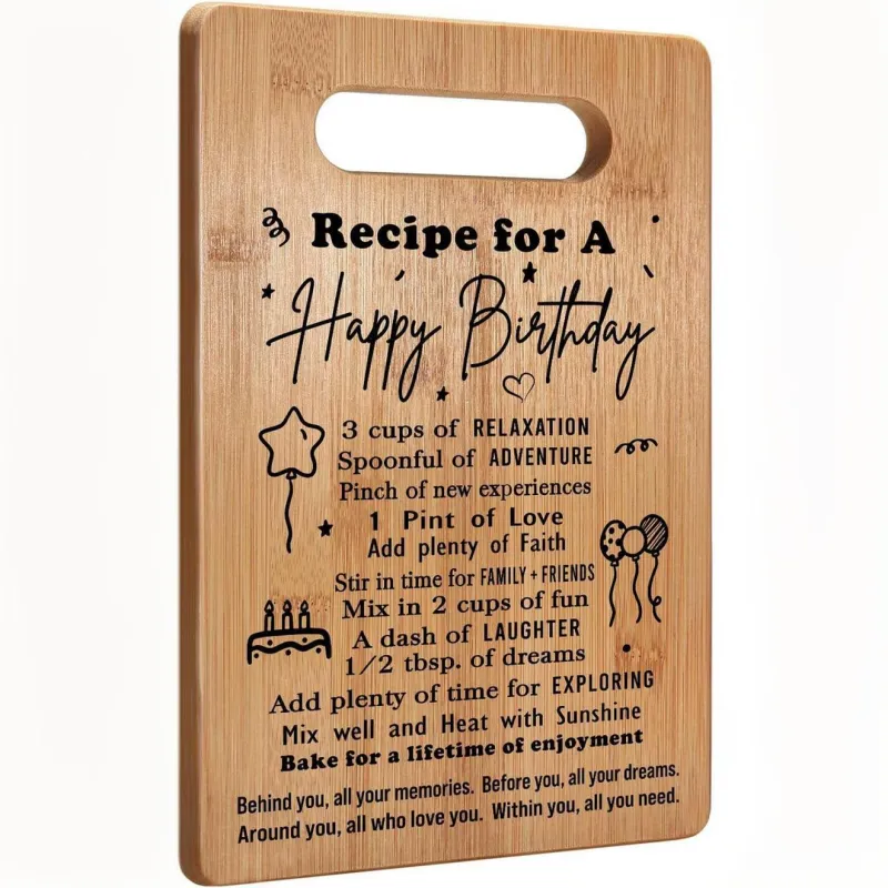 Engraved bamboo cutting board featuring birthday recipe design