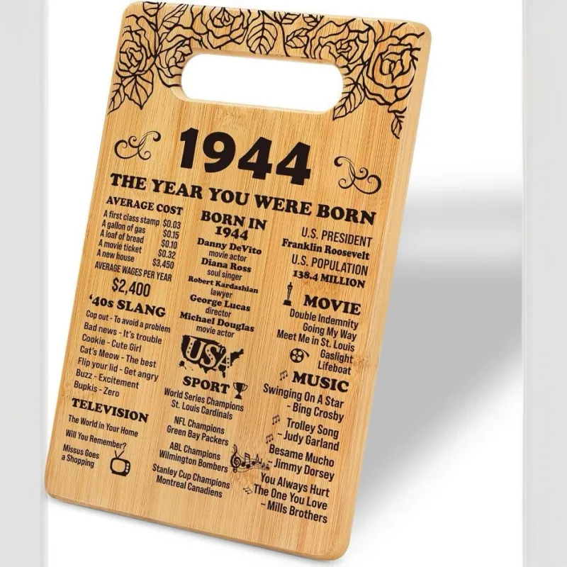 Laser engraved bamboo cutting board with 1944 theme and cutout handle
