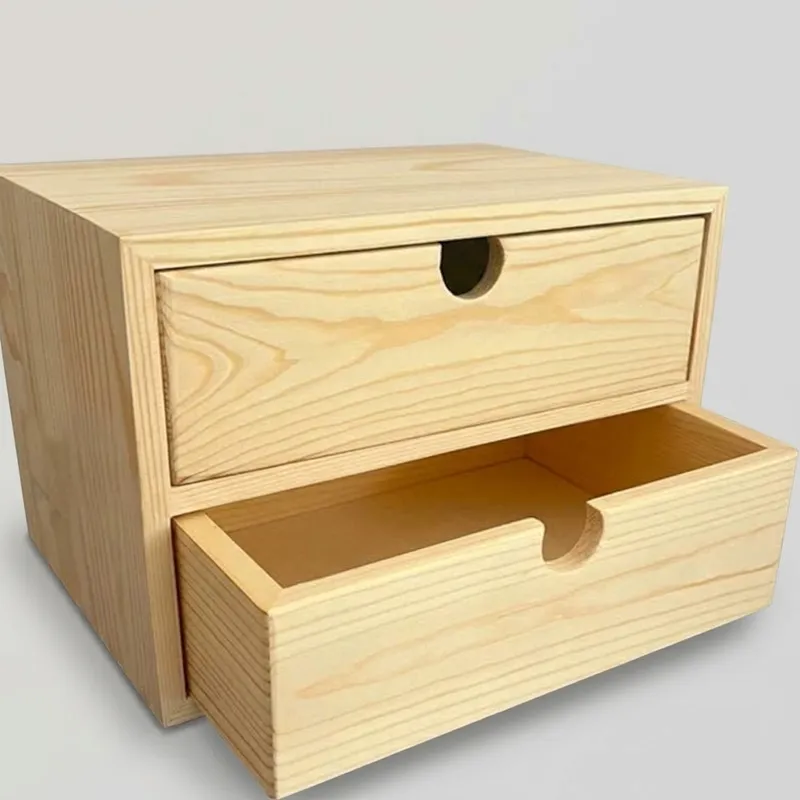 Two tier unfinished pine wood drawer cabinet with one open drawer