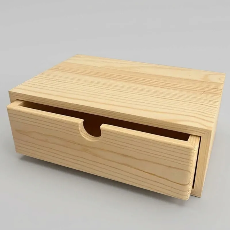 Unfinished pine wood drawer storage box with single pull out drawer