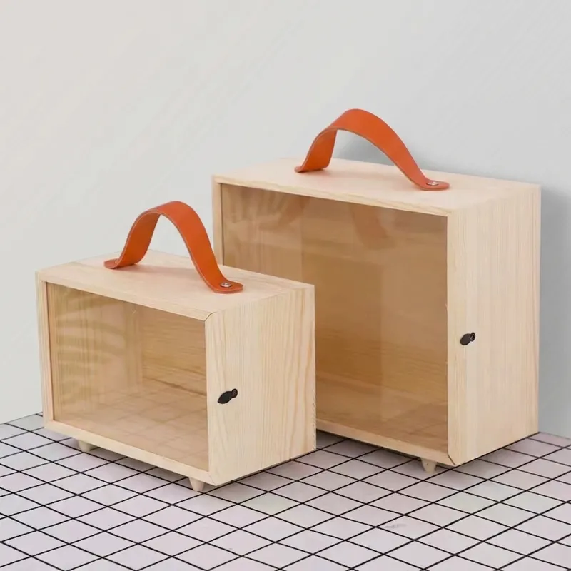 Two natural pine boxes with acrylic front doors and orange handles