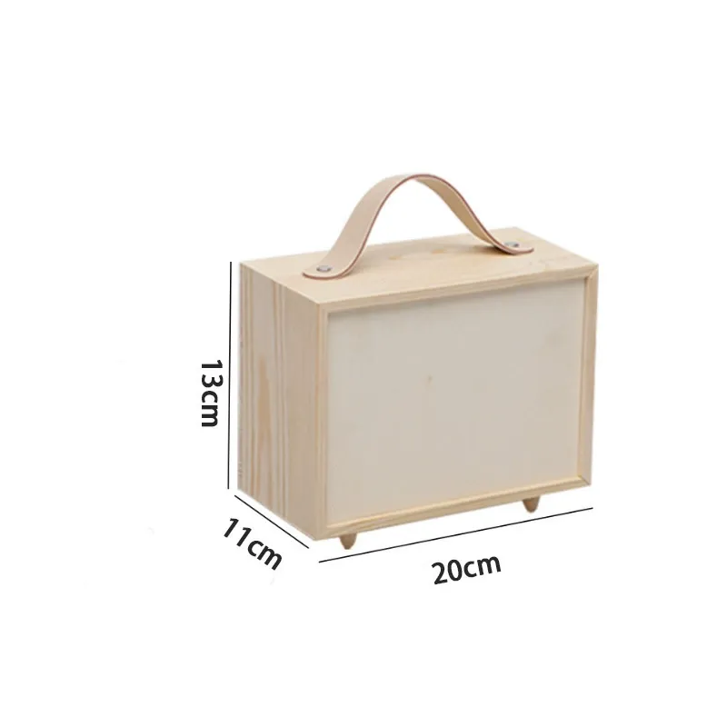 Front view of small solid pine suitcase box with dimensions shown
