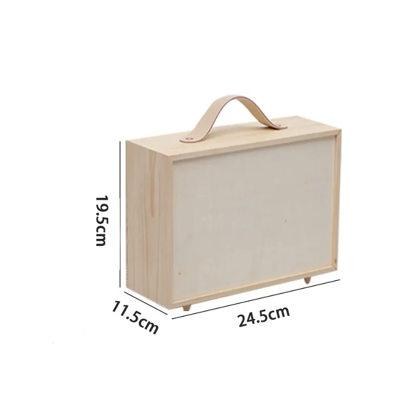 Large solid pine gift box with beige leather handle and dimensions