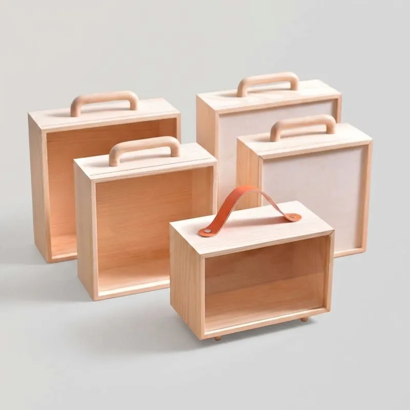 Group of five portable pine wood storage boxes of varying sizes