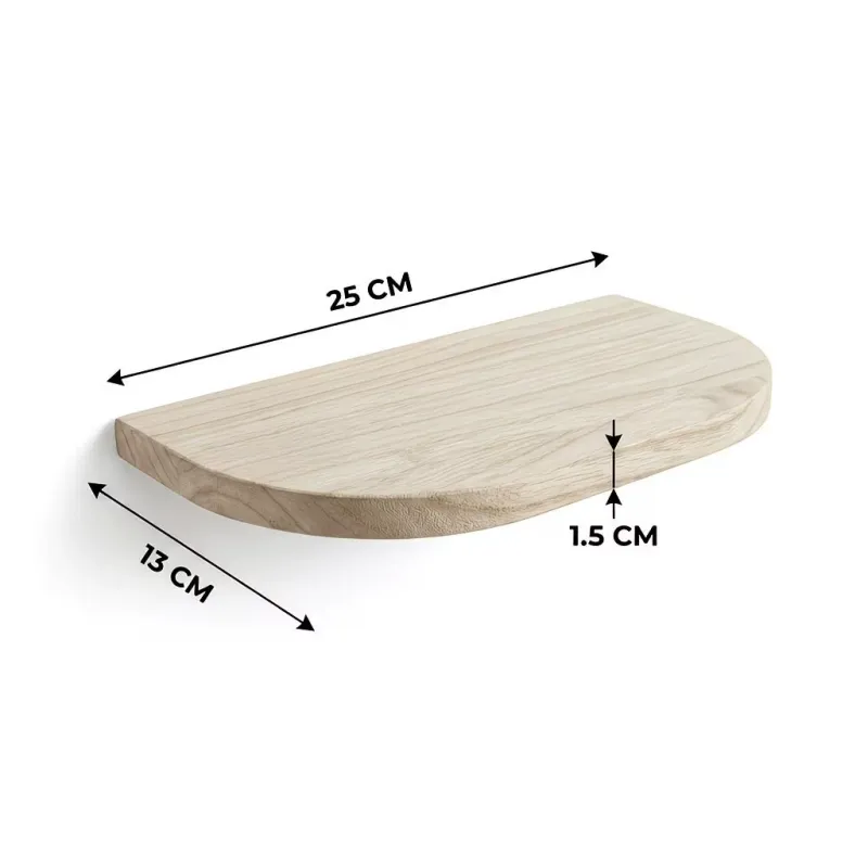 Natural wood semi-circular floating shelf displaying metric dimension lines