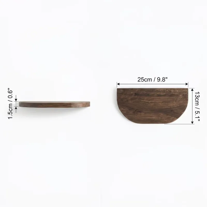 Brown semi-circular wooden shelf shown in top and side perspective views with measurements