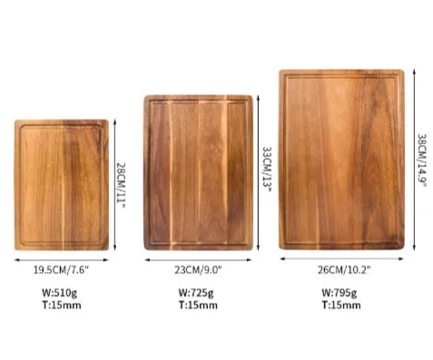Three stacked rectangular acacia wood chopping boards showing natural wood grain