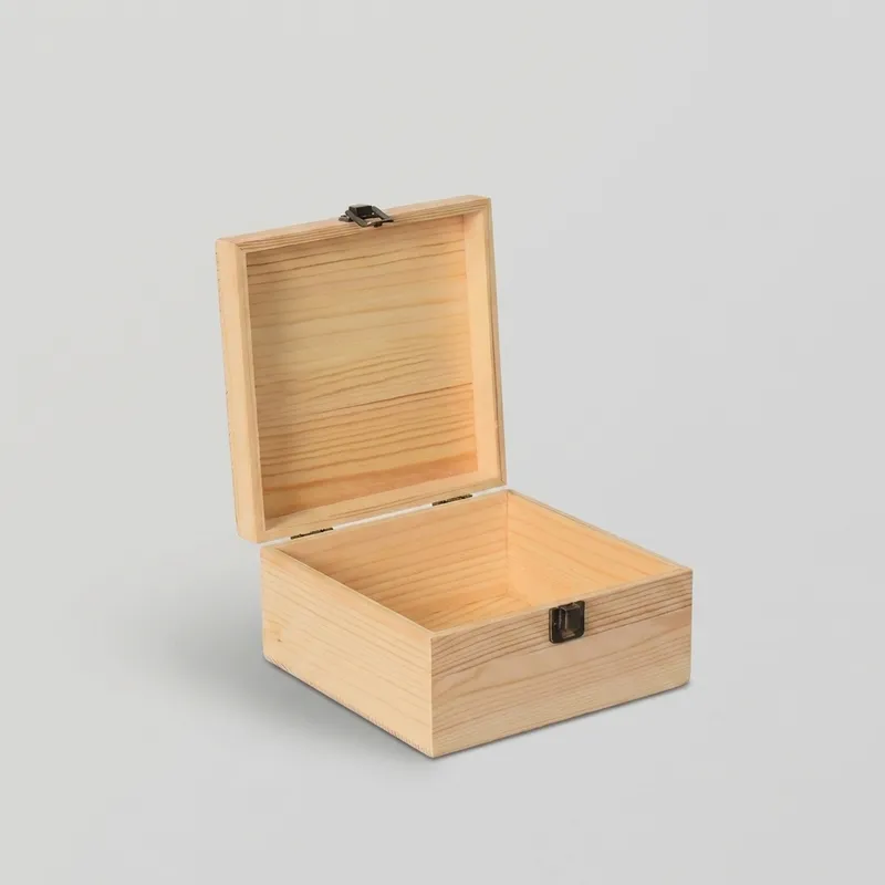 Open unfinished pine wood storage box showing empty single compartment