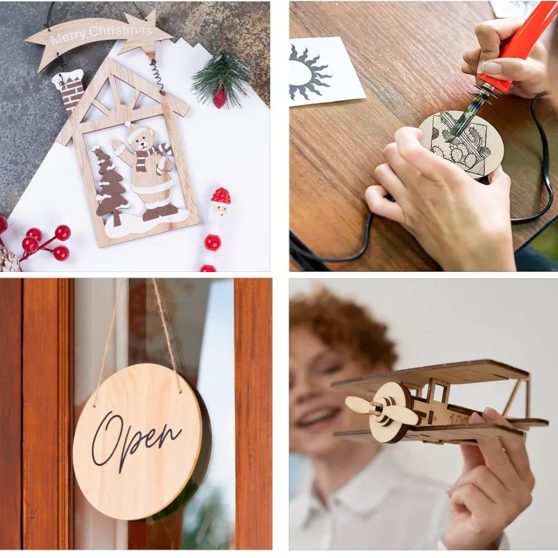 Four craft examples including wood burning and painted wood signs