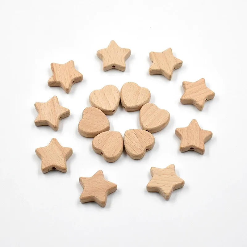 Beech wood heart beads in a circle surrounded by star beads