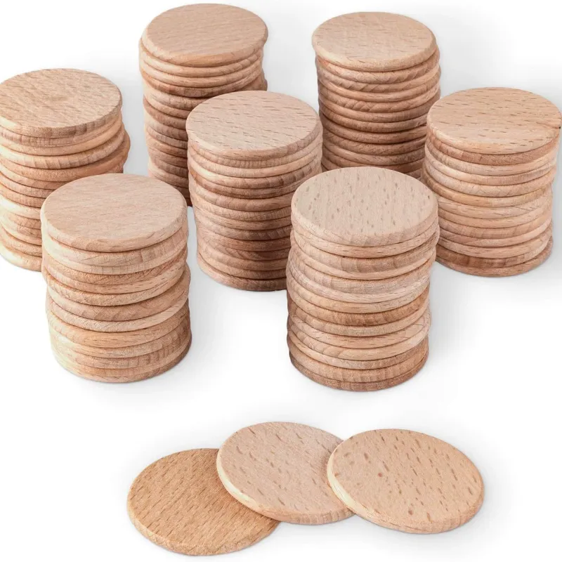 Stacks of blank unfinished beech wood round discs