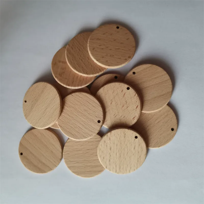 Unfinished beech wood discs with single pre-drilled holes