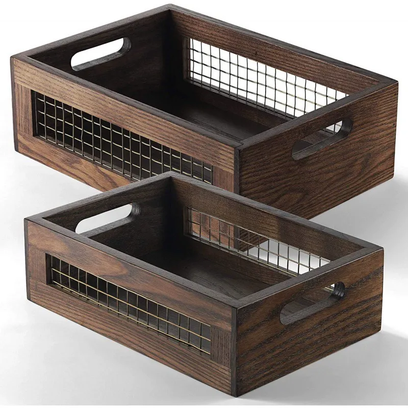 Two nesting dark brown wooden crates with wire mesh panels and cutout handles