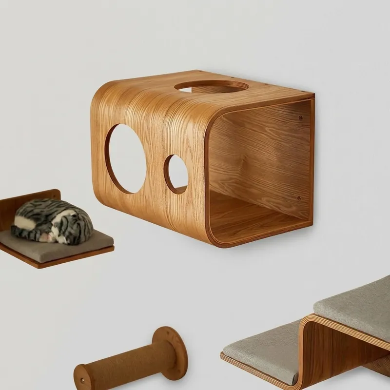 Angle view of curved wooden wall-mounted cat condo on plain wall