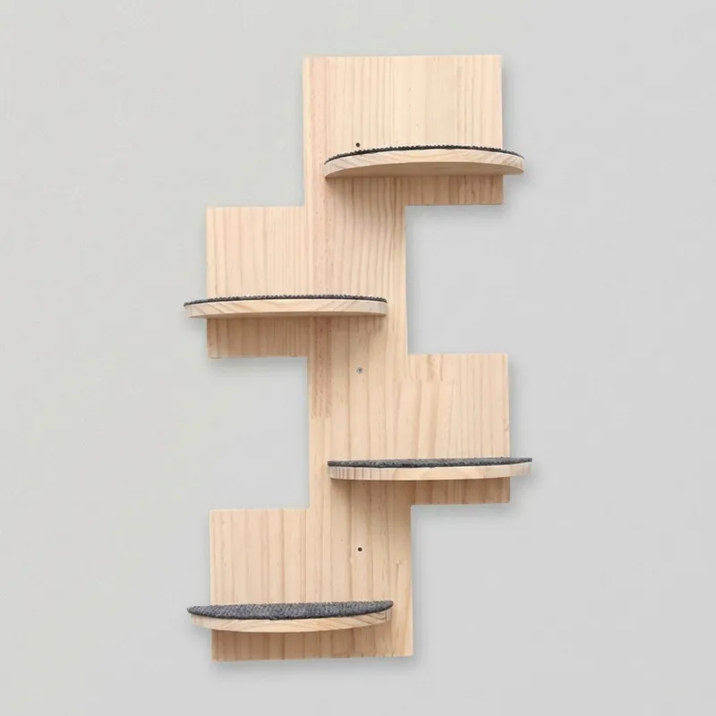 Wall-mounted natural pine cat climbing steps with four carpeted tiers on light grey background