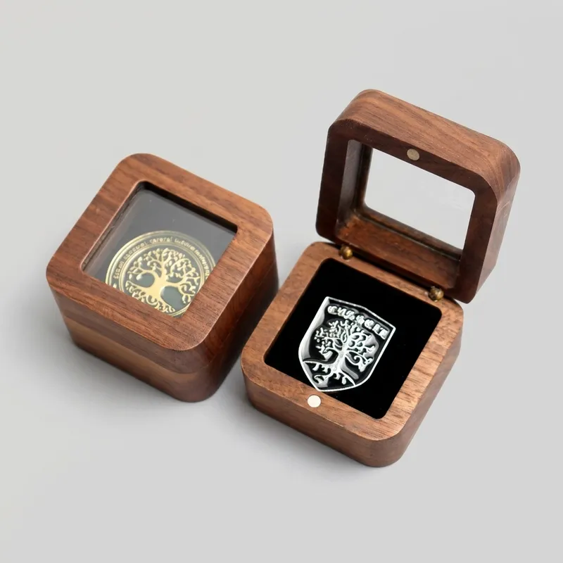 Custom Walnut Badge Display Box with Window - Image 1