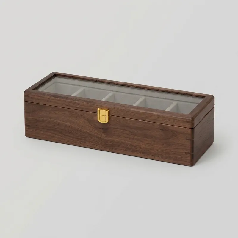 Closed walnut wood watch storage box with glass lid on white background