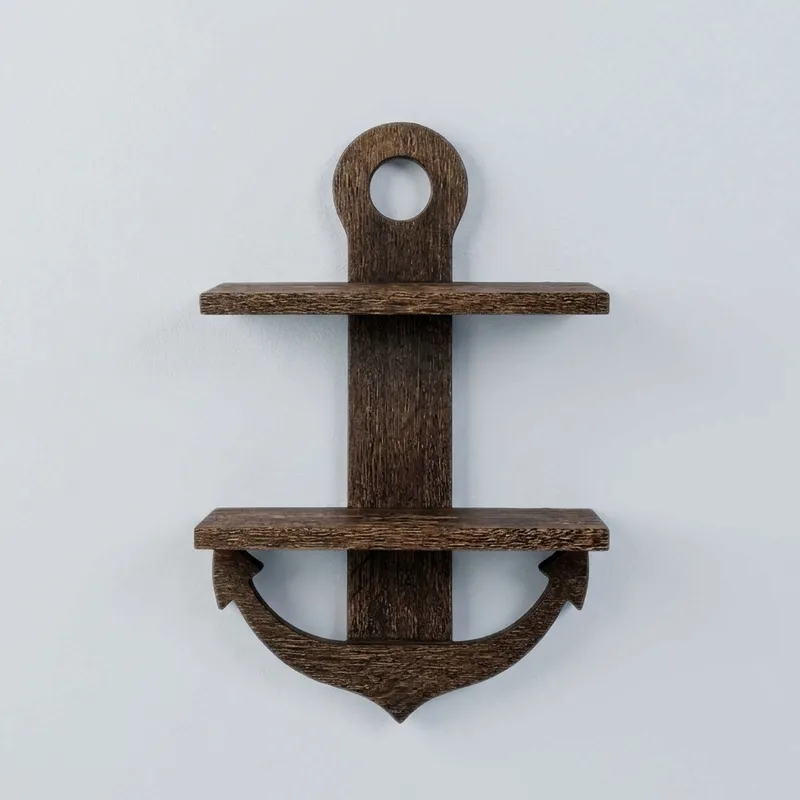 Dark brown wooden anchor wall shelf on a gray background