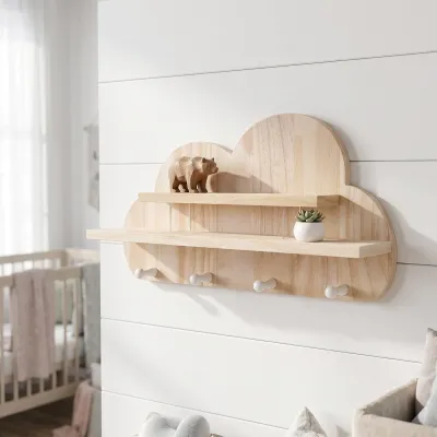 Wholesale Wooden Cloud Wall Shelf with Hooks - 2