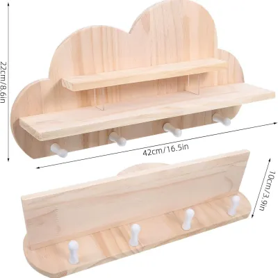Wholesale Wooden Cloud Wall Shelf with Hooks - 3