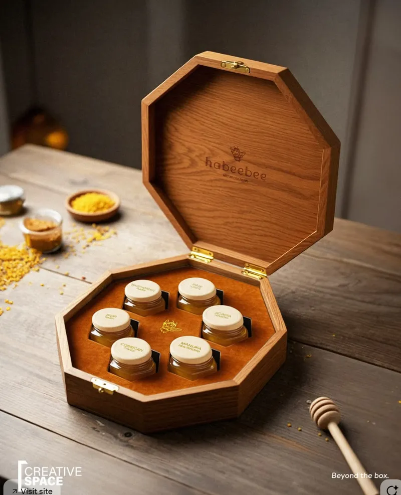 Unfinished pine wooden honey packaging box with a front metal clasp