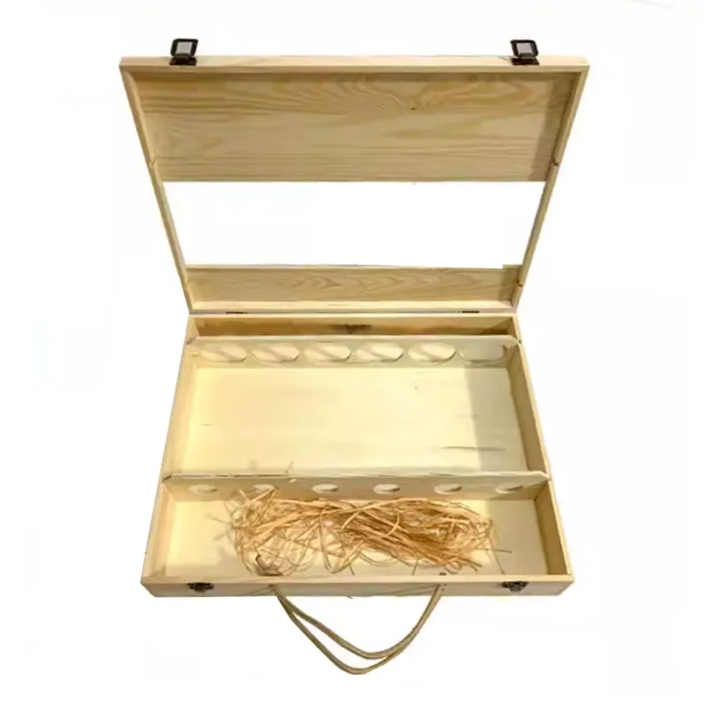 Custom Wooden Ice Wine Box with Hinged Lid and Rope Handle - 1/2/6 Bottle - Image 4